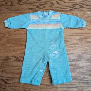 Vintage Health-tex Baby Romper Teal Striped Elephant Knit 3 Months Made in USA